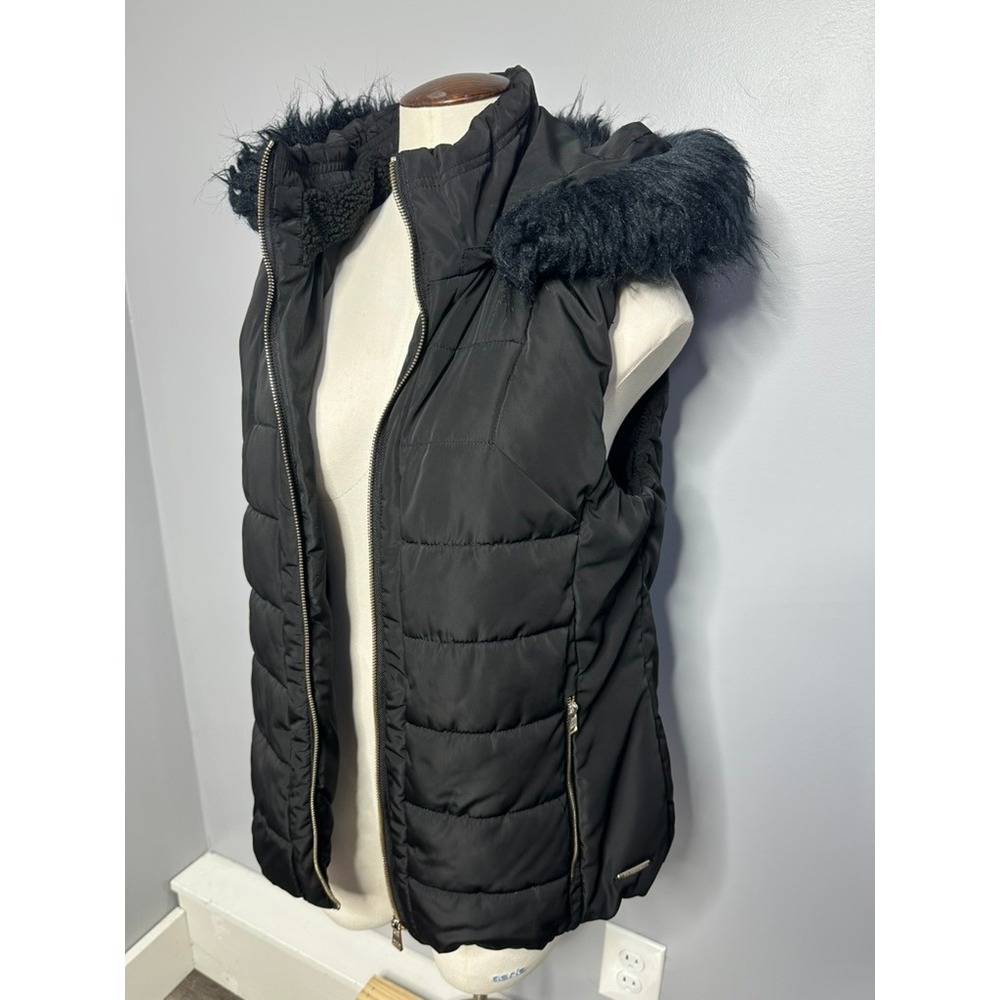 Calvin Klein Performance Black Puffer Vest Faux Fur Hood Zip Pockets Large